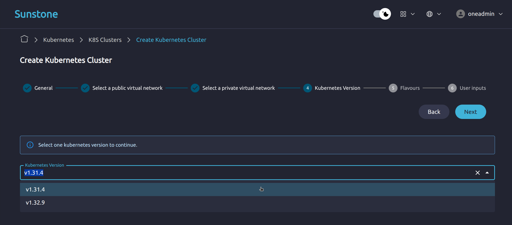 OneKS create K8s Cluster choose k8s version