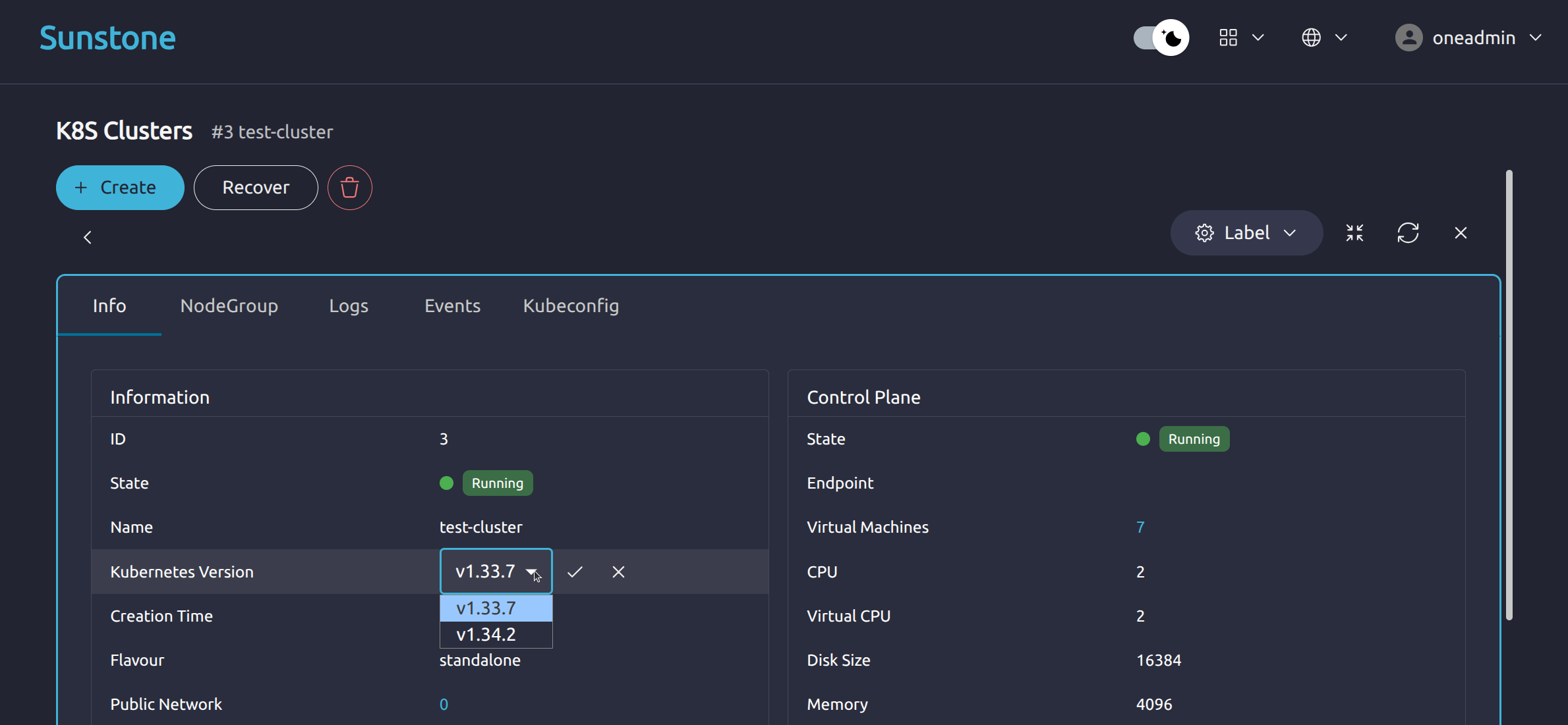 OneKS upgrade cluster Sunstone