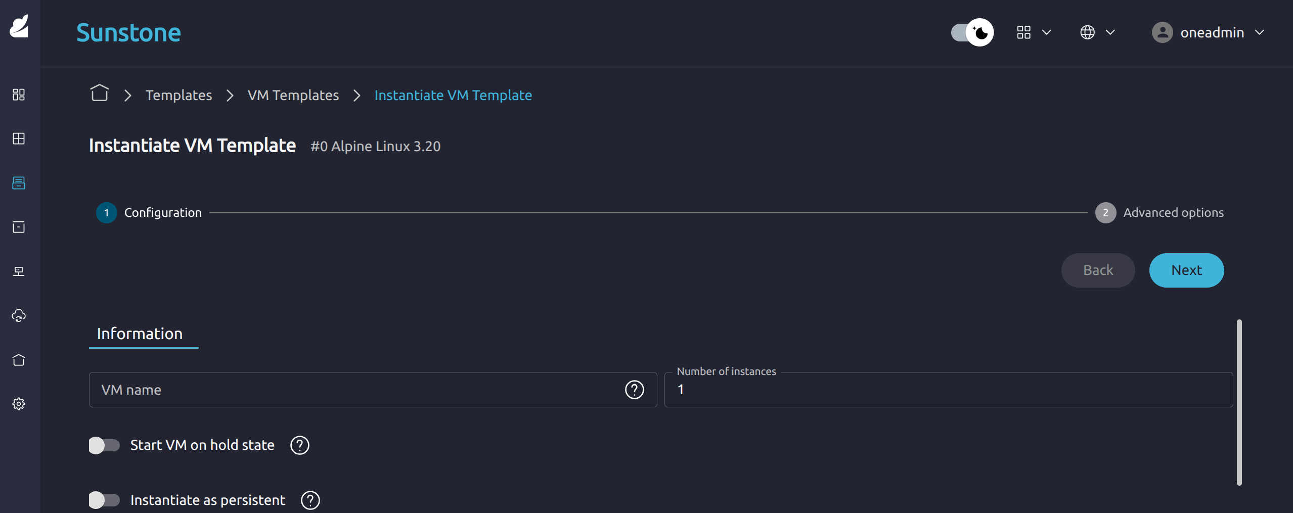 Sunstone instantiate VM 1