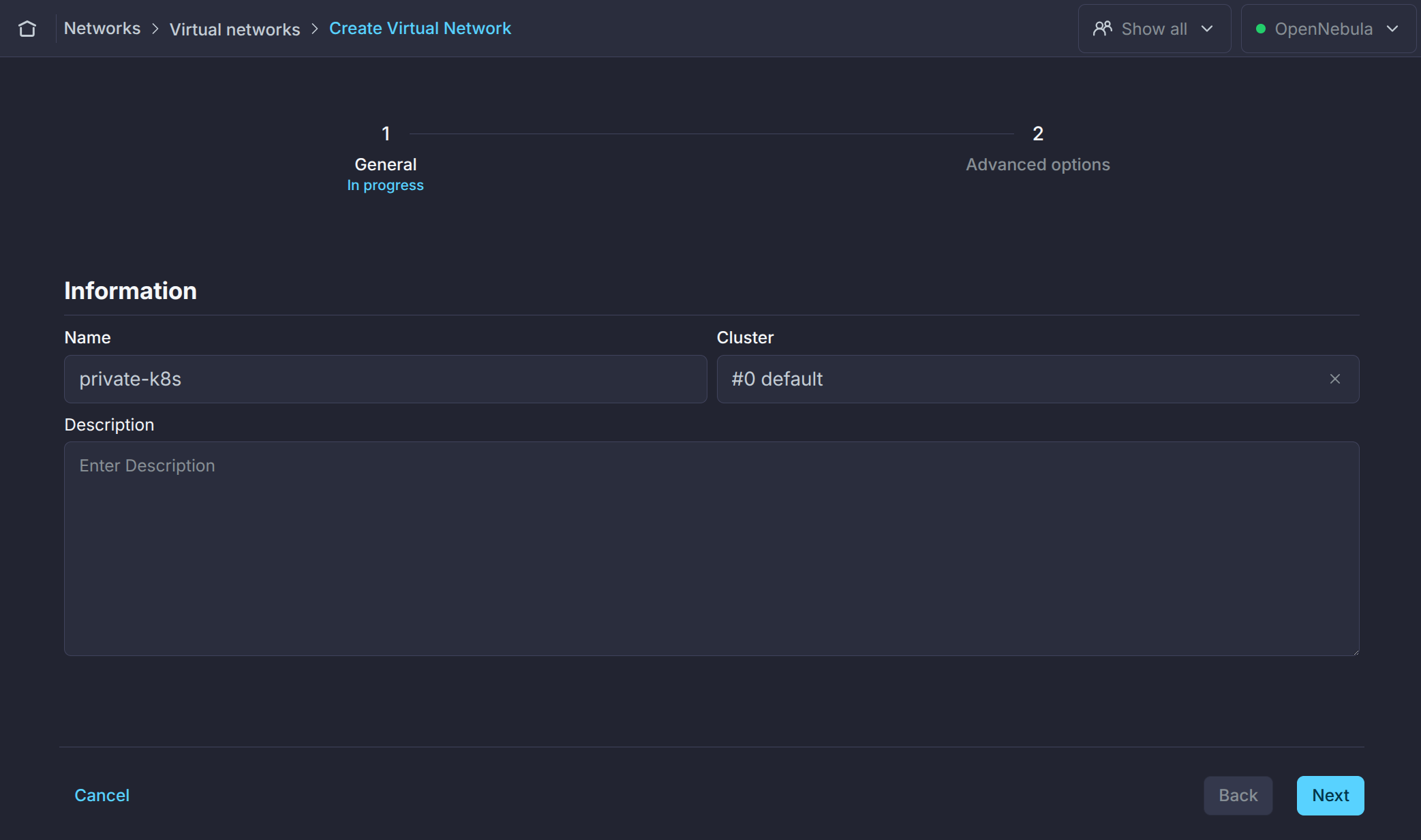 OneKS Quickstart create private Vnet step 1