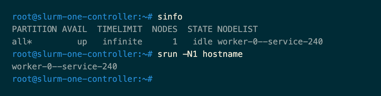Terminal on the controller with the output of sinfo and srun