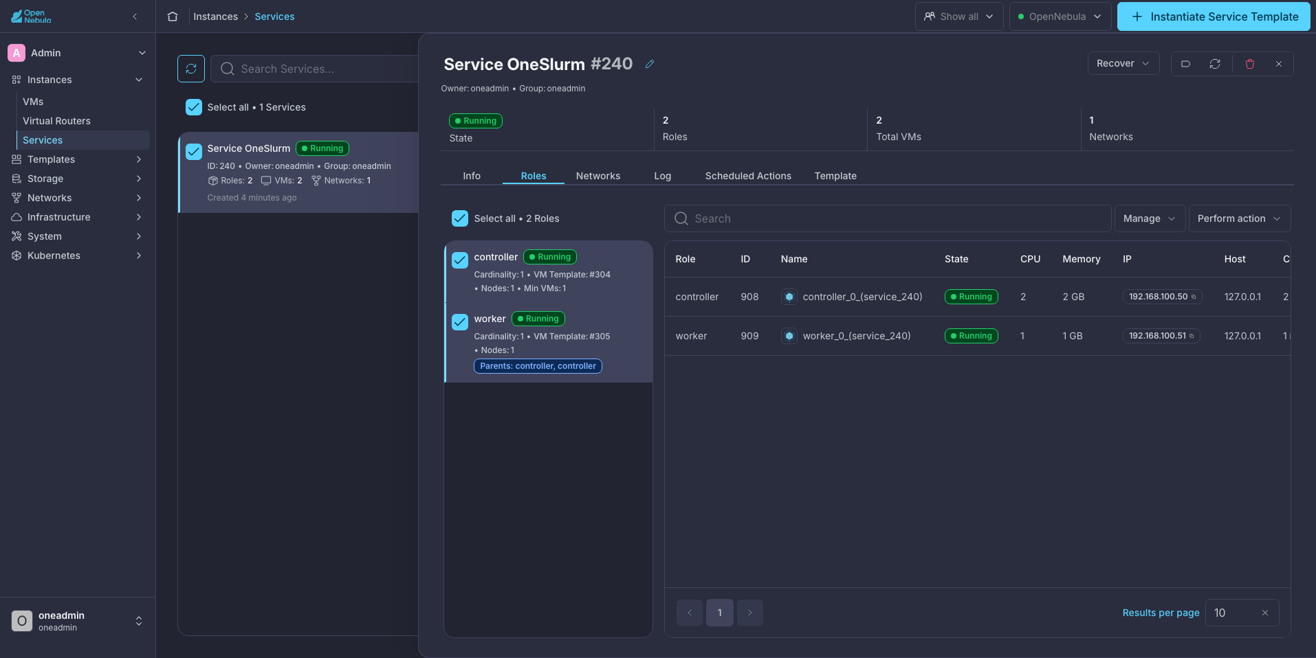 Roles tab of a running OneSlurm service with the controller and the worker