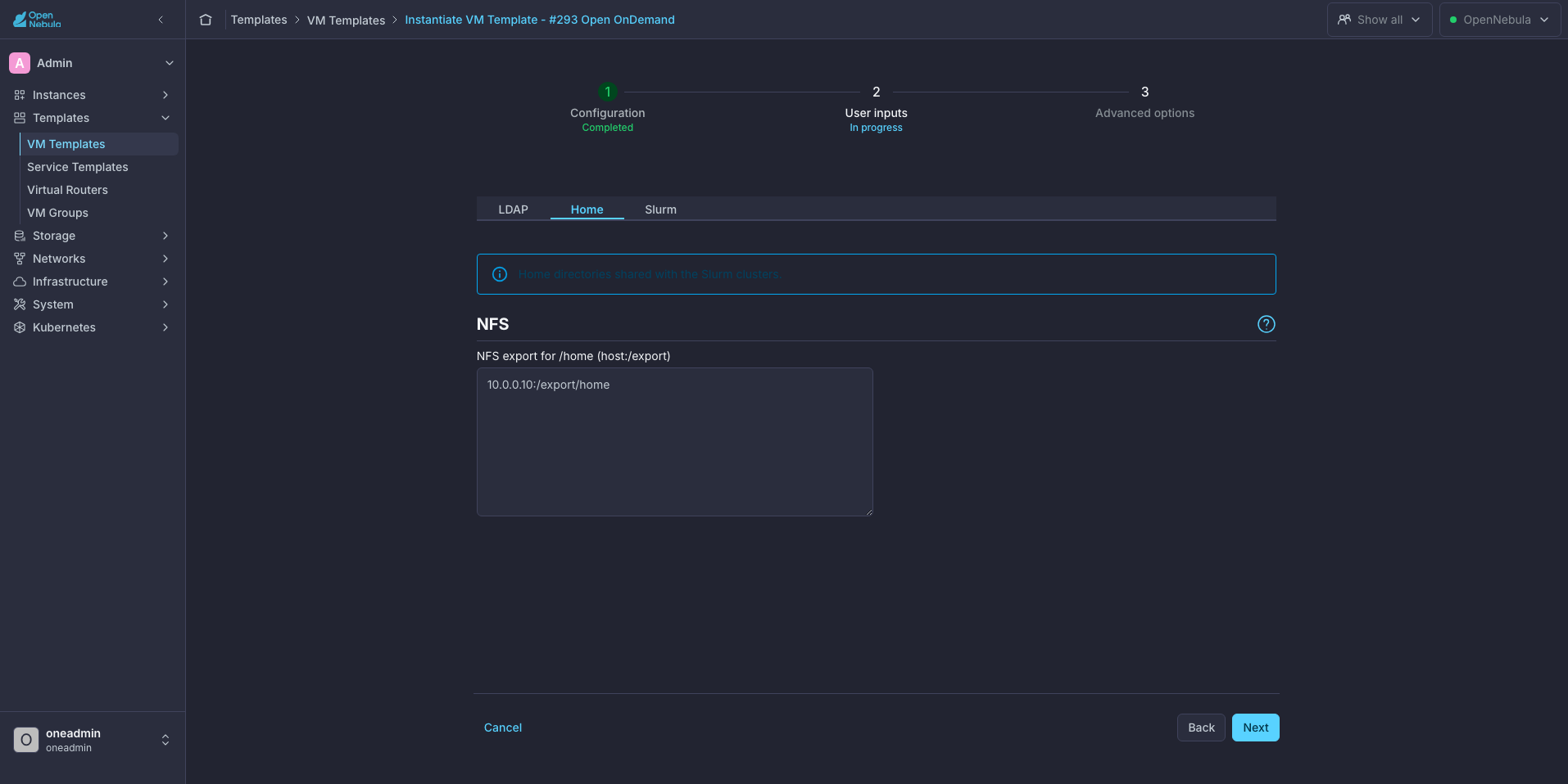 Home tab of the Open OnDemand wizard
