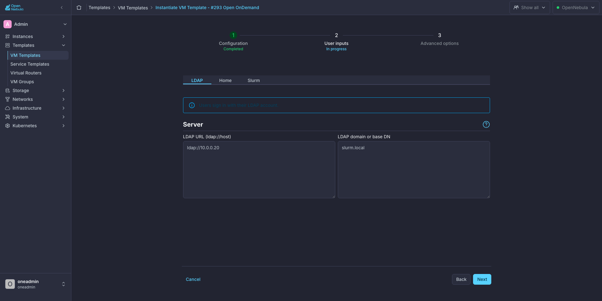 LDAP tab of the Open OnDemand wizard