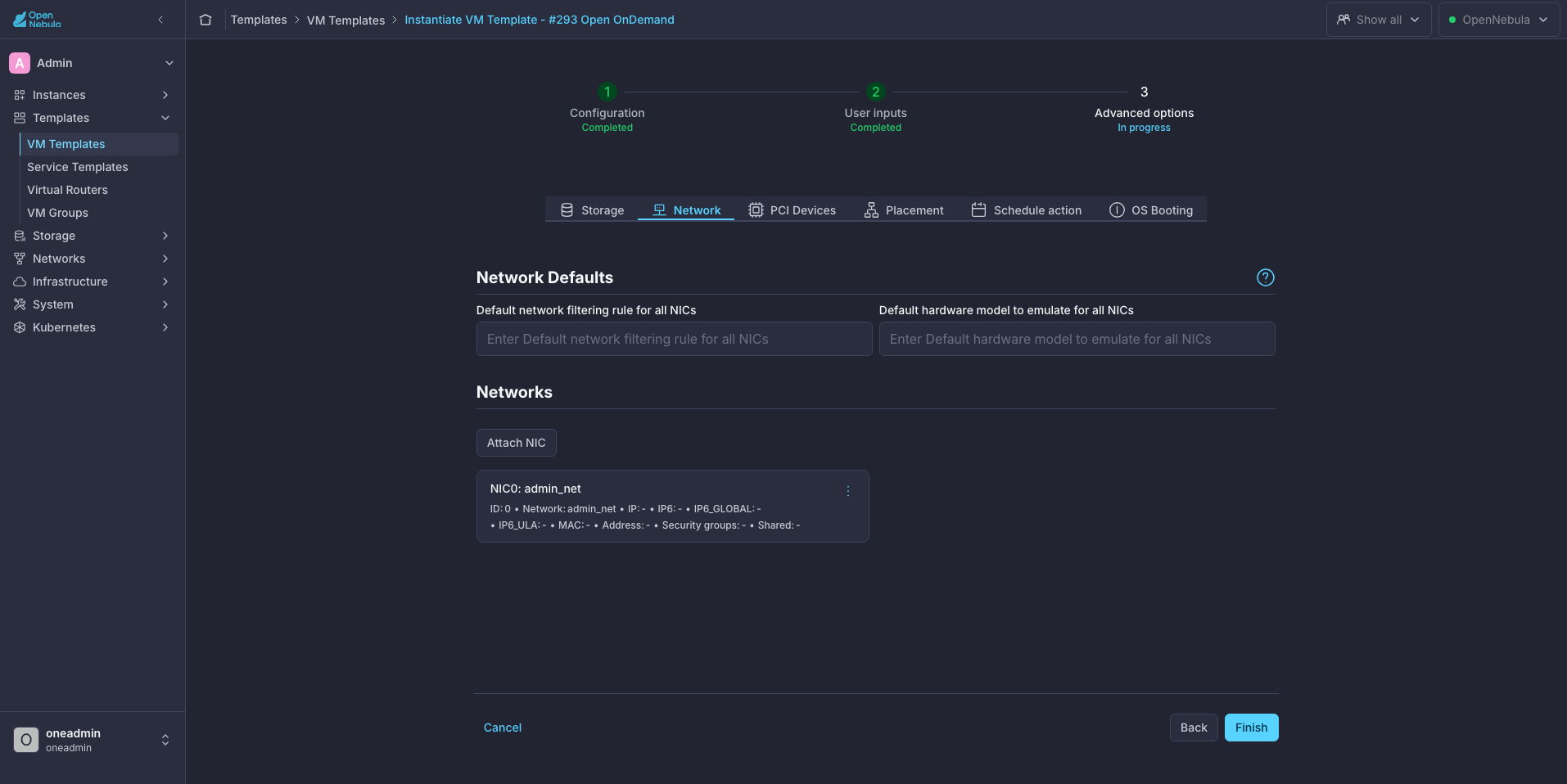 Network tab of the Open OnDemand wizard with the NIC of the Clusters