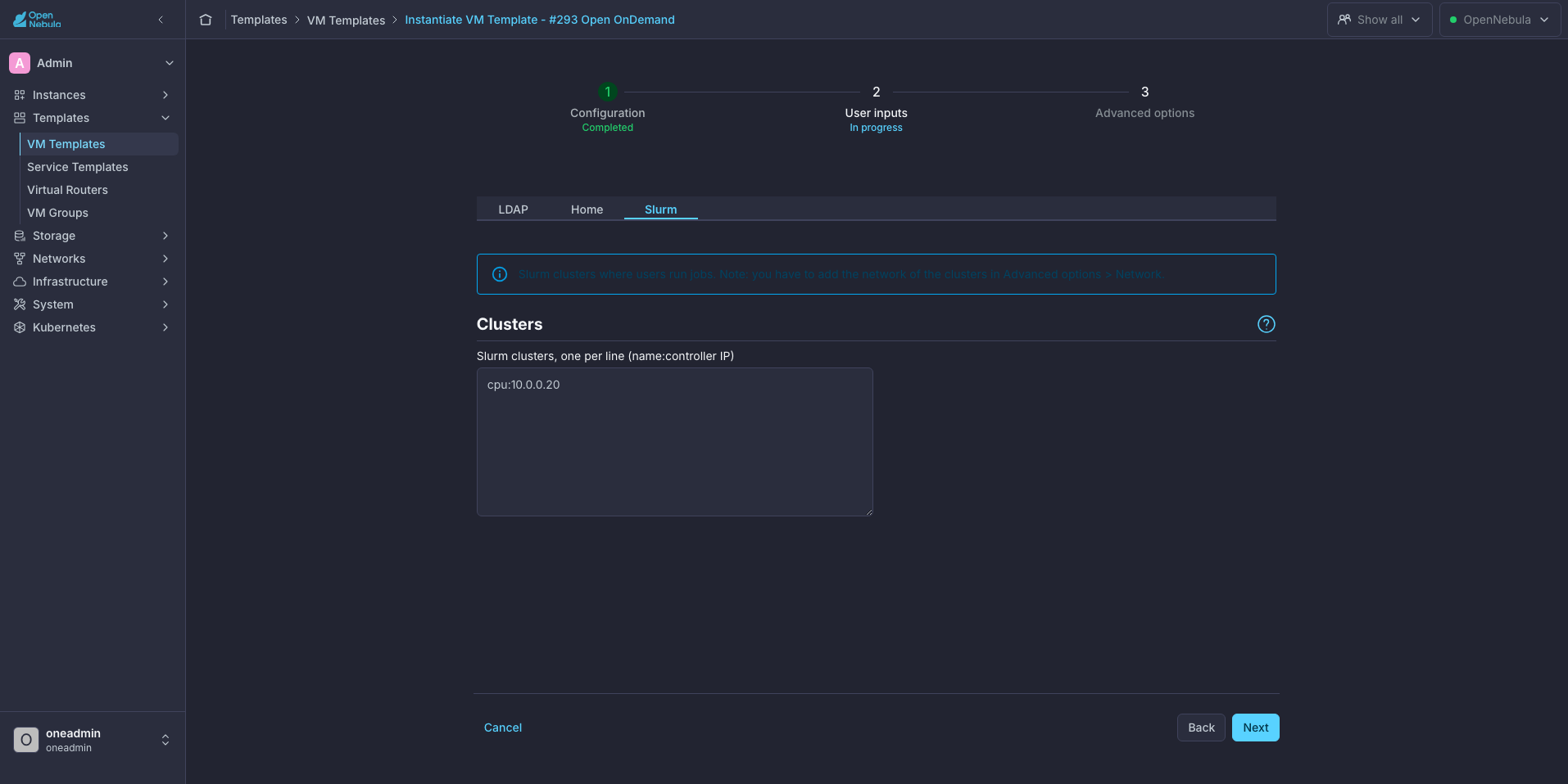 Slurm tab of the Open OnDemand wizard