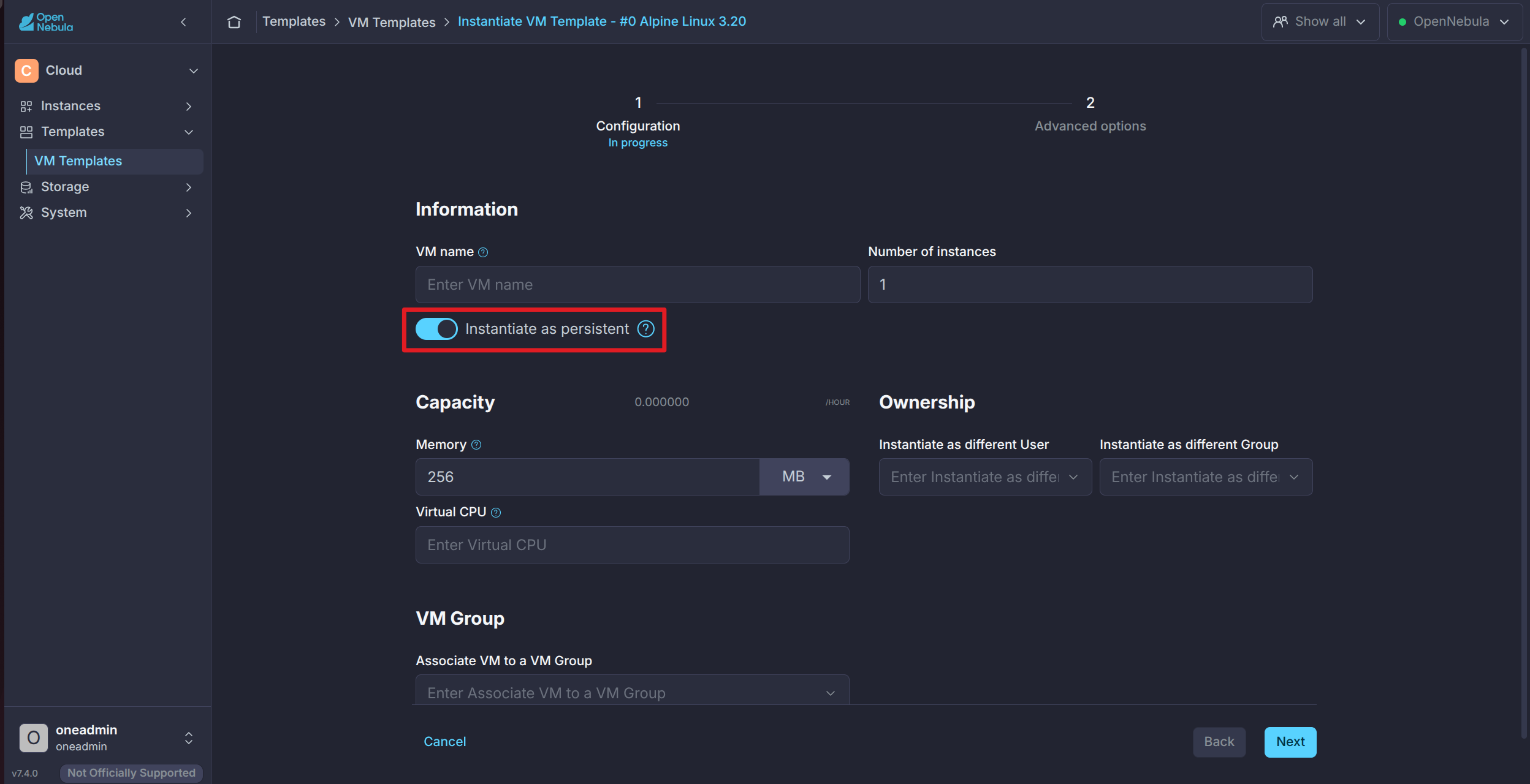 Cloud View instantiate as persistent