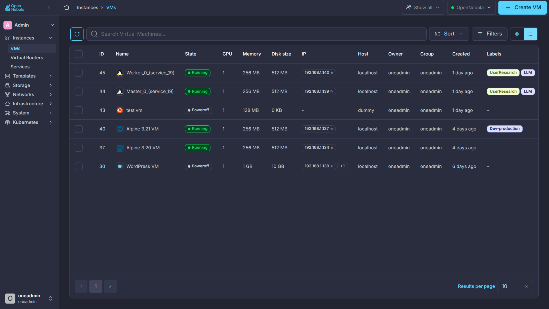 Sunstone virtual machines table view