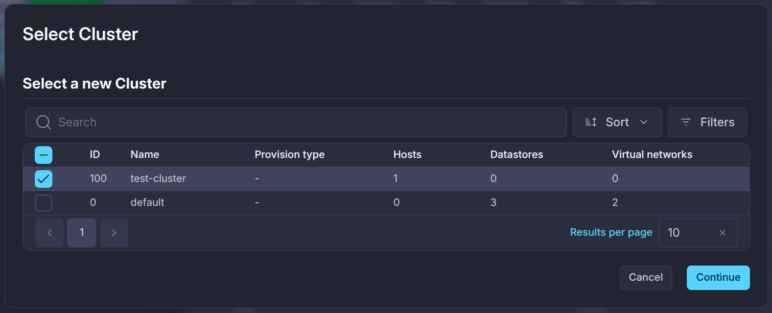 Select Cluster modal