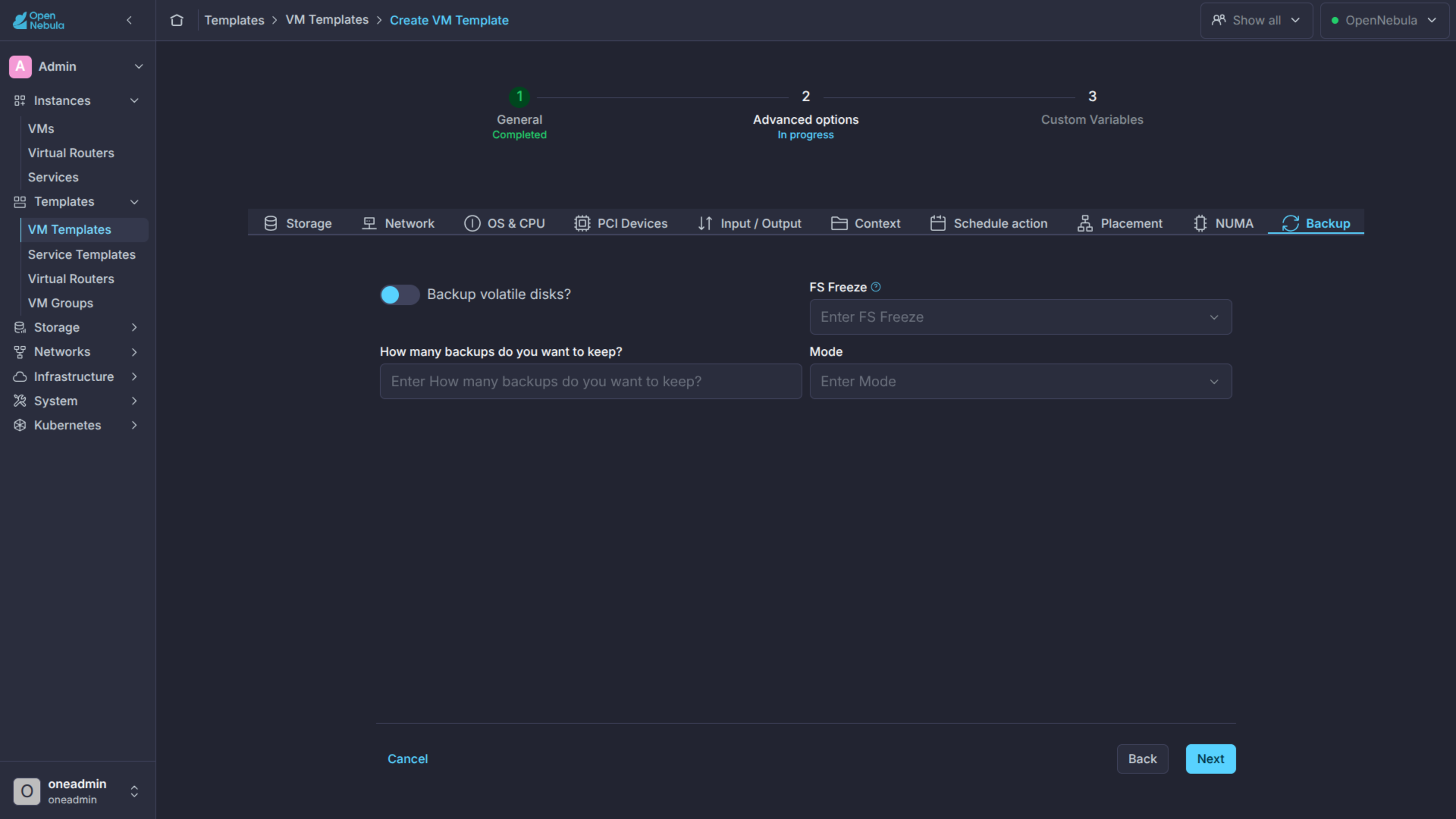 VM Template Backup tab